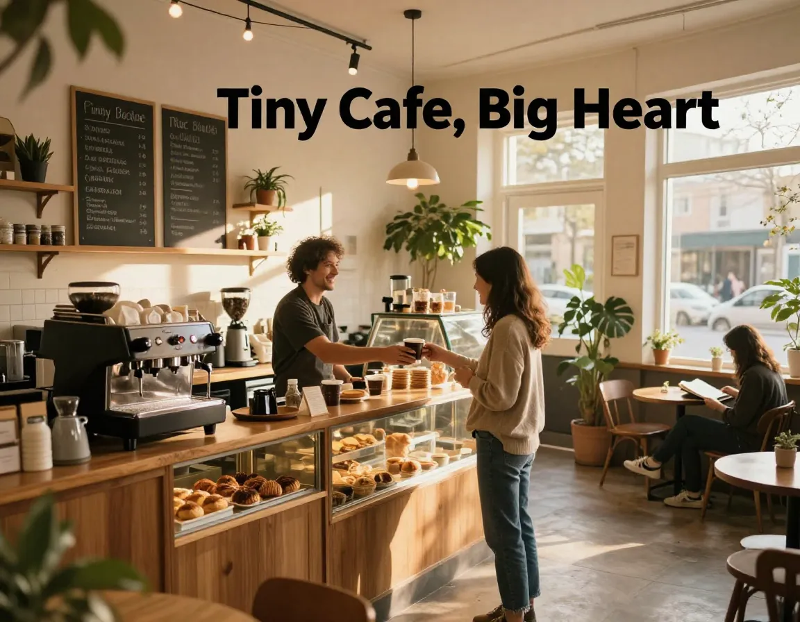 Tiny boutique cafe cozy interior warm lighting barista interaction