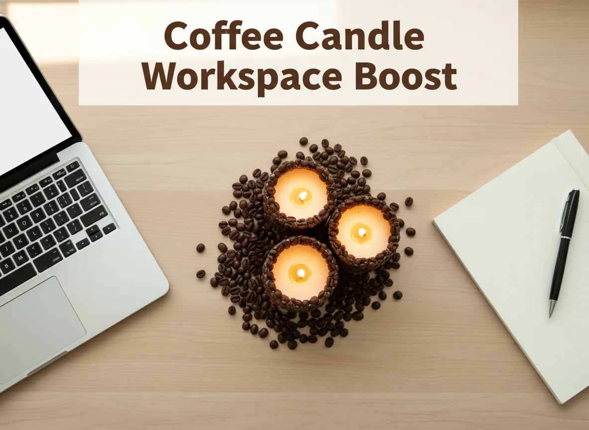 Overhead flatlay soy coffee candles desk beans warm light