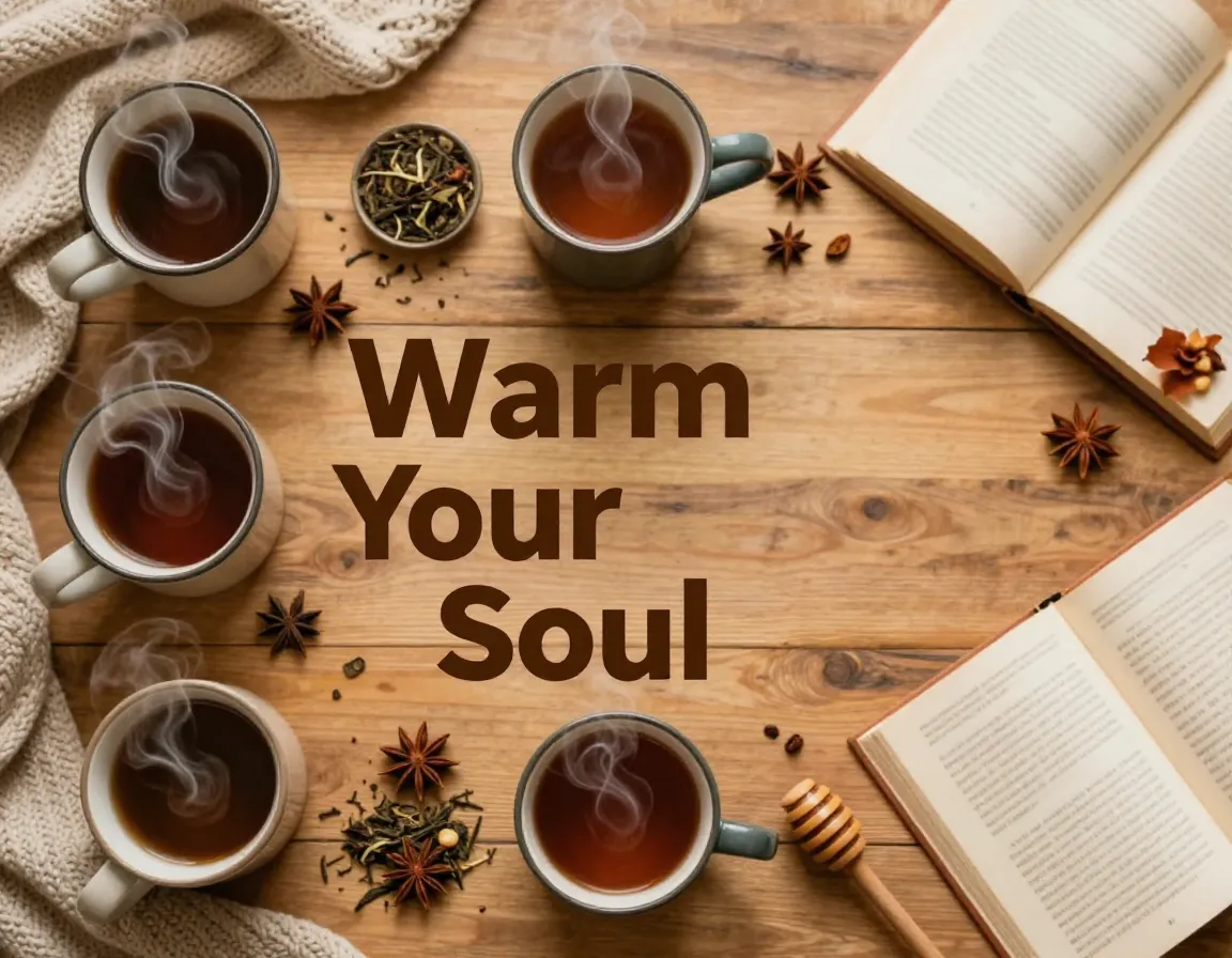 Seven steaming tea mugs spices recipe book cozy autumn composition