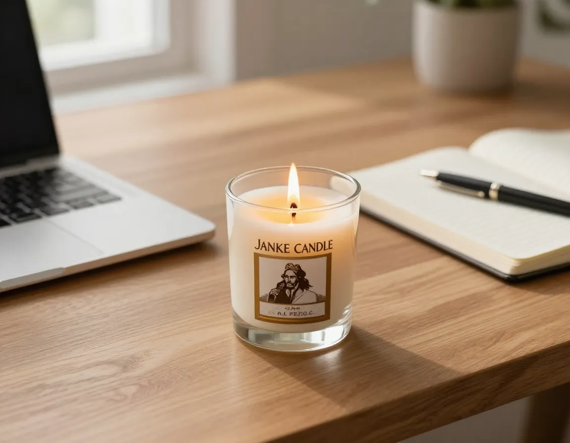 Classic coffee shop atmosphere with long burning yankee candle on home office desk