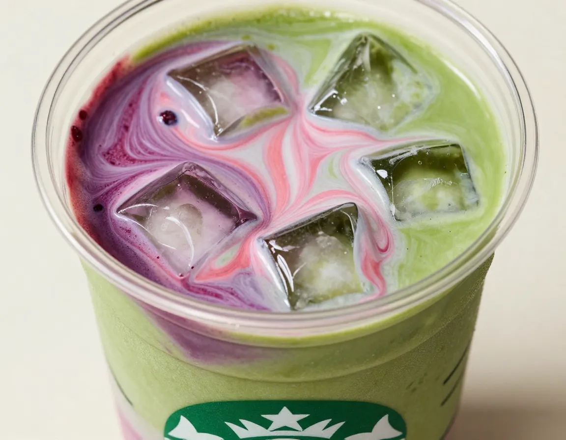 Iced double berry matcha purple pink swirls in cup