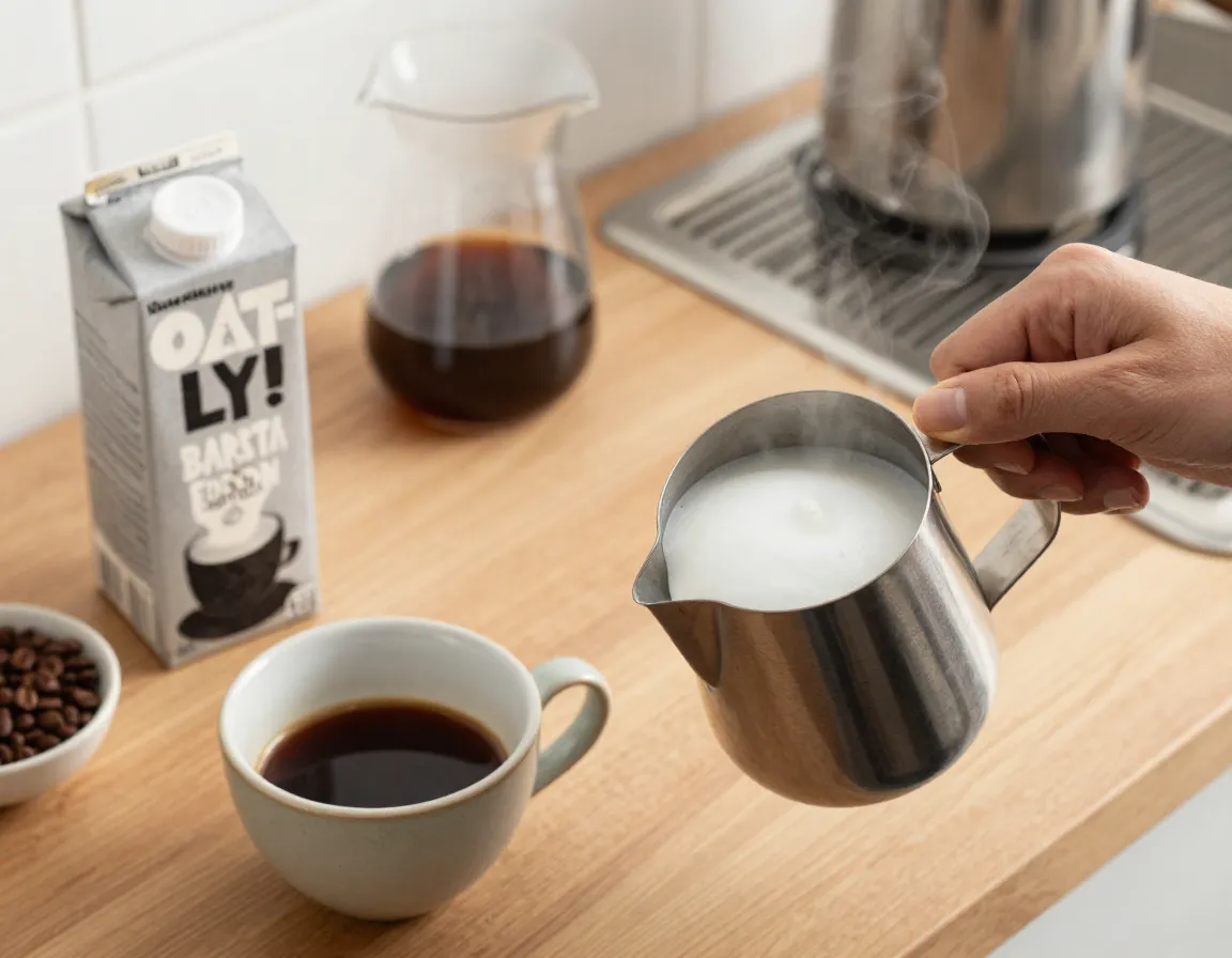 Kitchen morning with oatly barista edition foaming in a glass pitcher