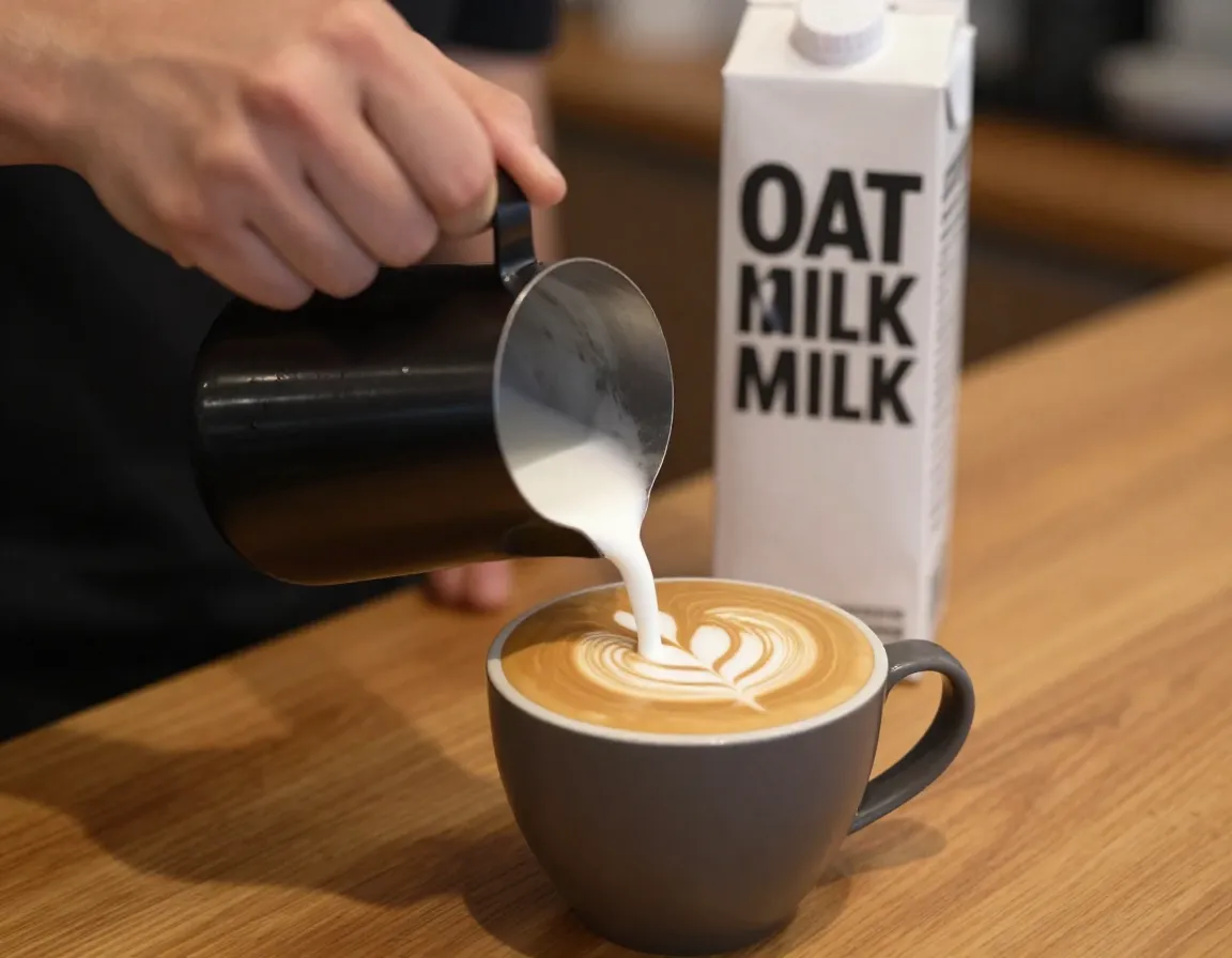 Minor figures barista oat milk creating silky foam for latte art