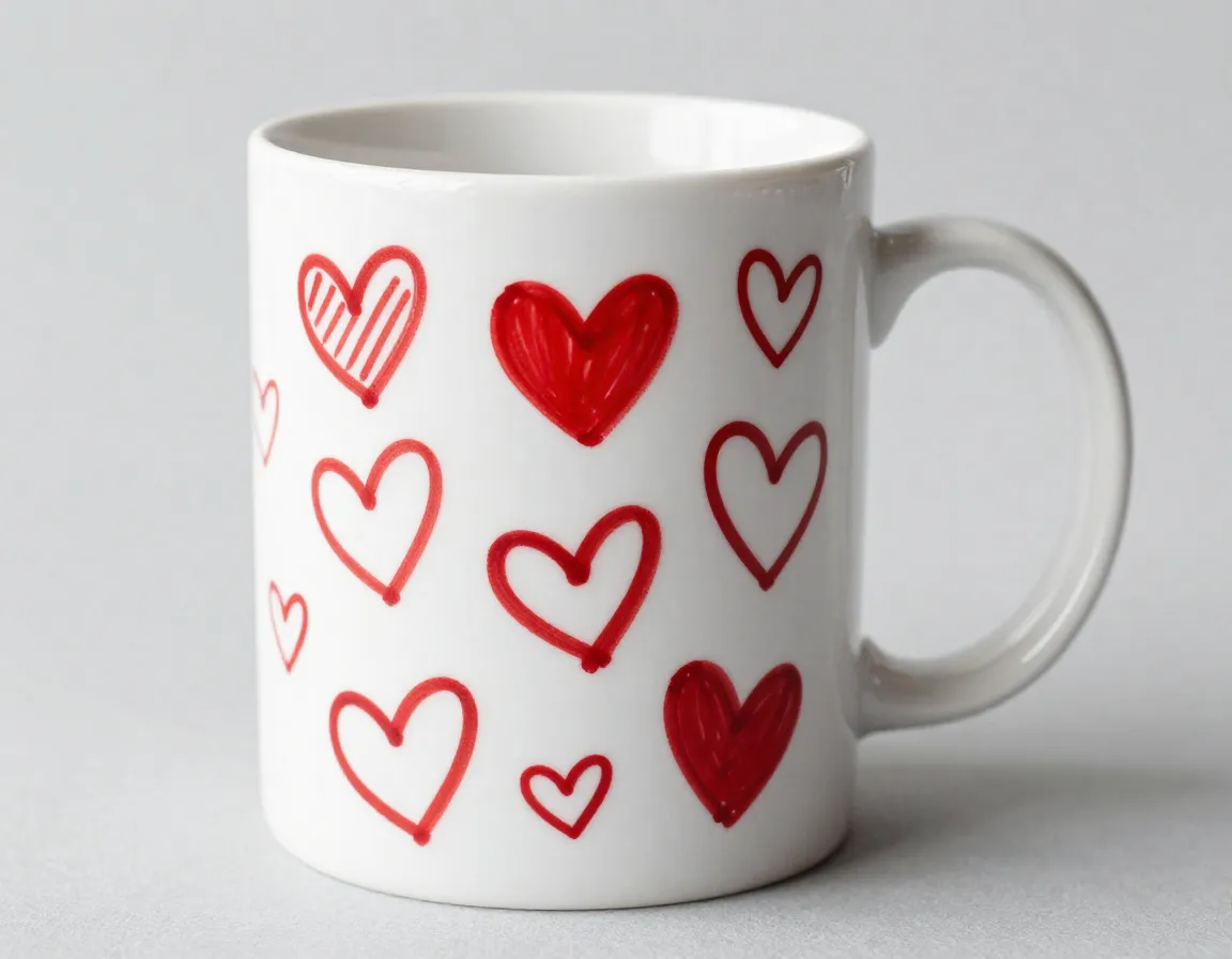 Simple heart patterns white mug scattered red heart doodles
