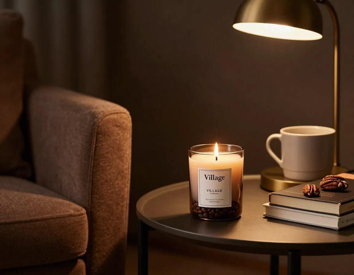 Sophisticated espresso and roasted pecan scented village candle in a premium co working environment