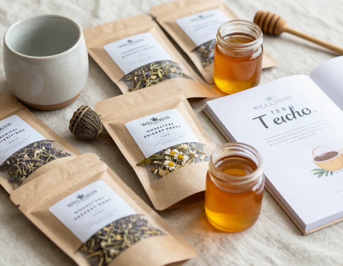 Wellness herbal tea therapy set with honey and guide