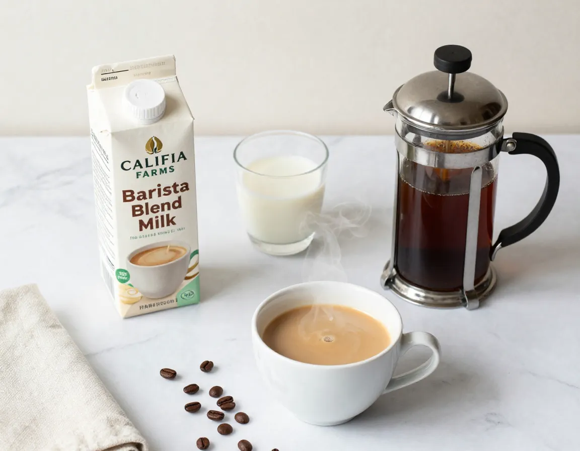 Califia farms barista blend oat milk with coffee and french press