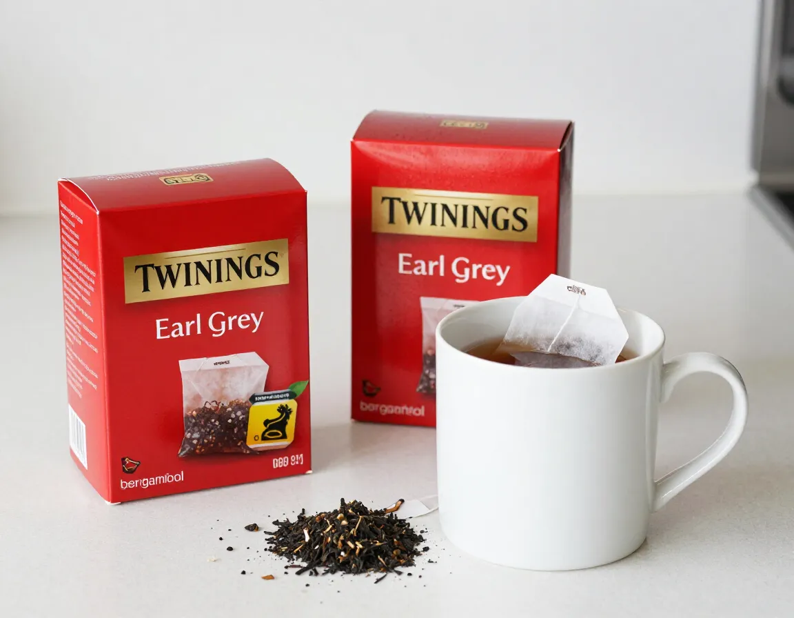 Classic twinings earl grey tea box with single bag in mug