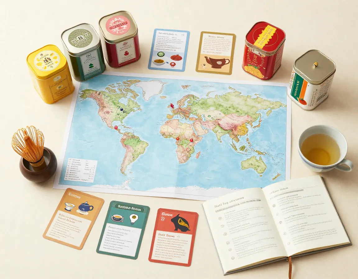 Global tea adventure collection with map and cultural cards