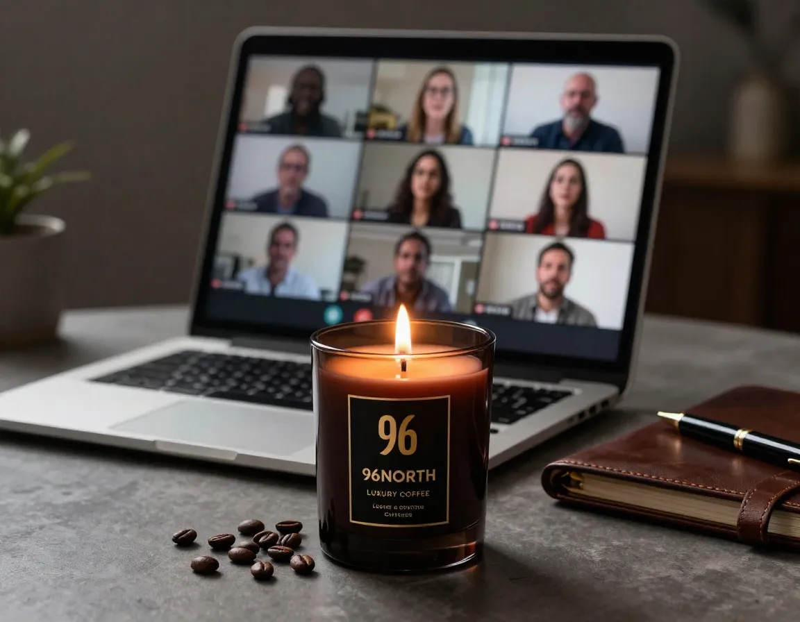 Luxurious dark cacao and espresso bean 96north candle during an important video presentation