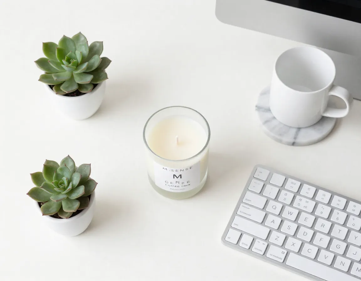 Eco friendly natural soy wax m sense coffee candle in a minimalist clean workspace