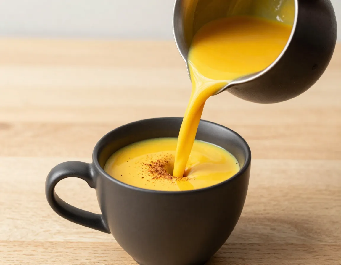 Golden turmeric chai latte being poured into ceramic mug