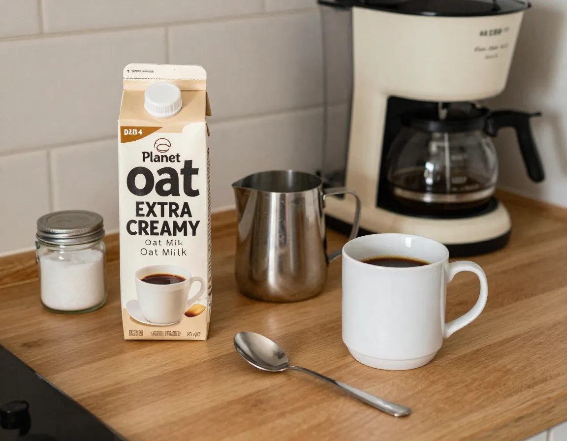 Planet oat extra creamy oat milk on a budget friendly kitchen counter