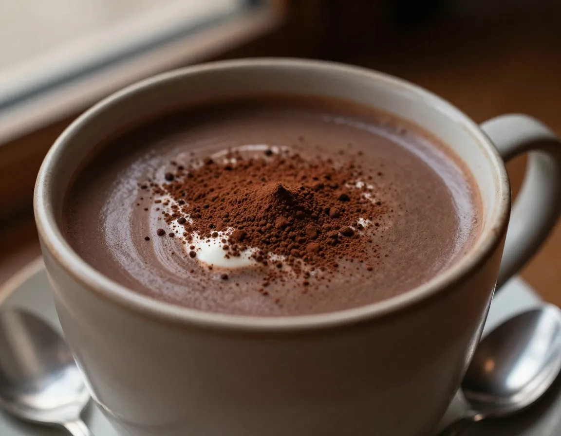 Hojicha chocolate comfort blend in cup with cocoa powder