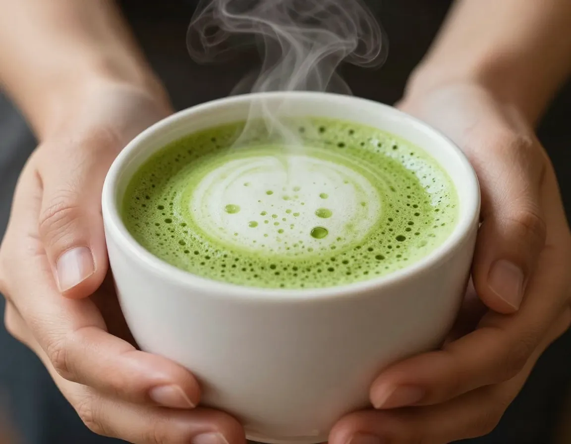 Hot matcha latte steaming ceramic cup foam