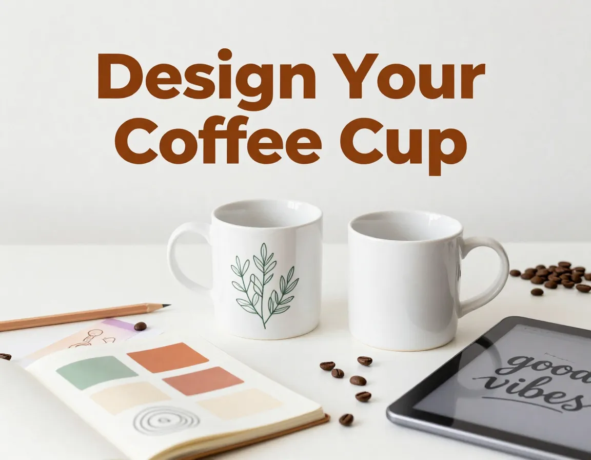 Custom coffee mug design tools flat lay botanical sketch