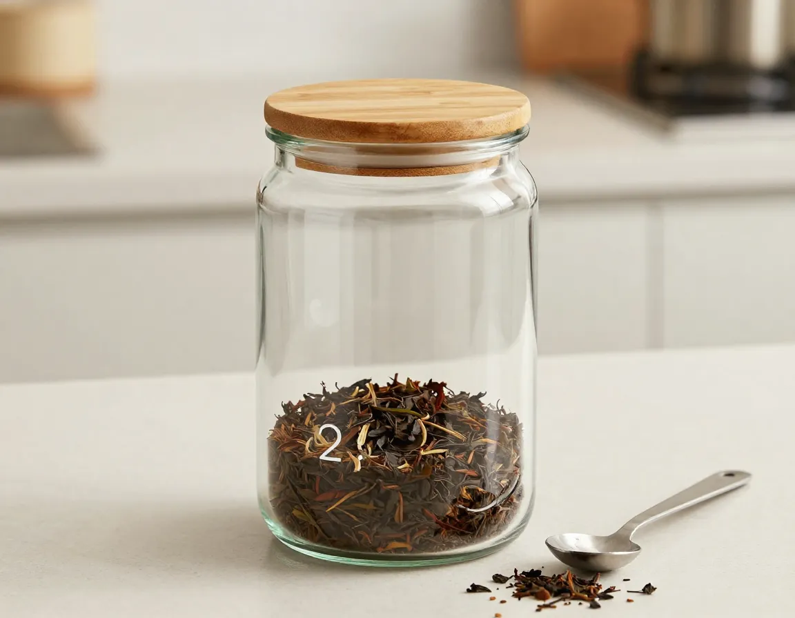 Large glass canister with bamboo lid on kitchen counter