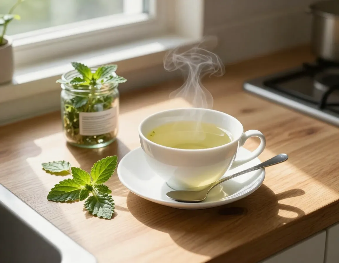 Lemon balm tea on a kitchen counter in a morning sunlit serene scene
