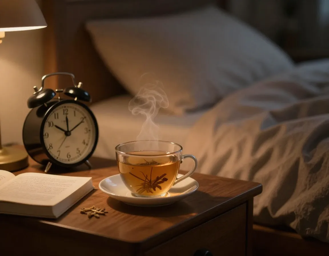 A warm cup of lemon balm tea on a bedside table before sleep
