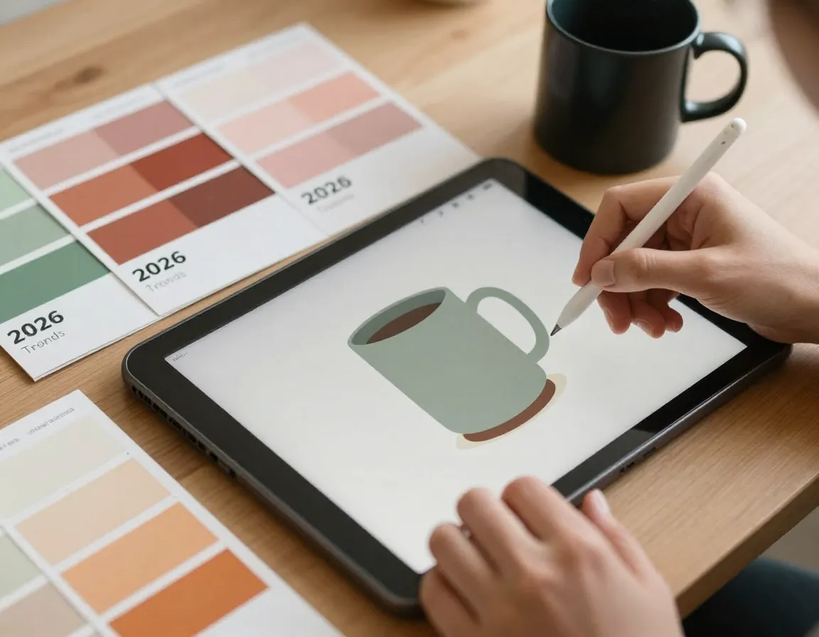 Designer using pantone swatches and muted color palette on digital tablet