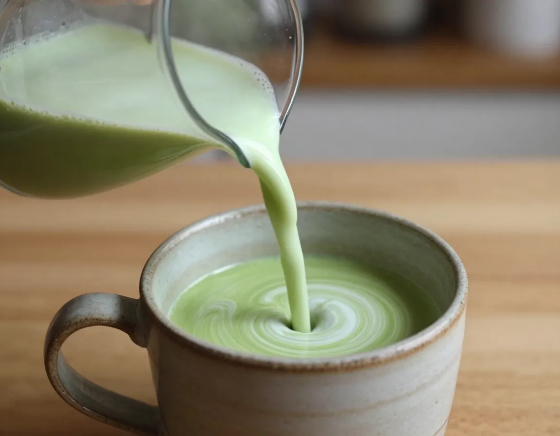 Two percent milk balanced matcha latte pouring into mug