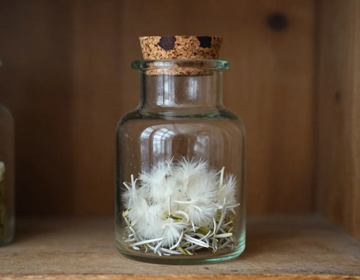 Vintage apothecary jar displaying delicate white tea leaves