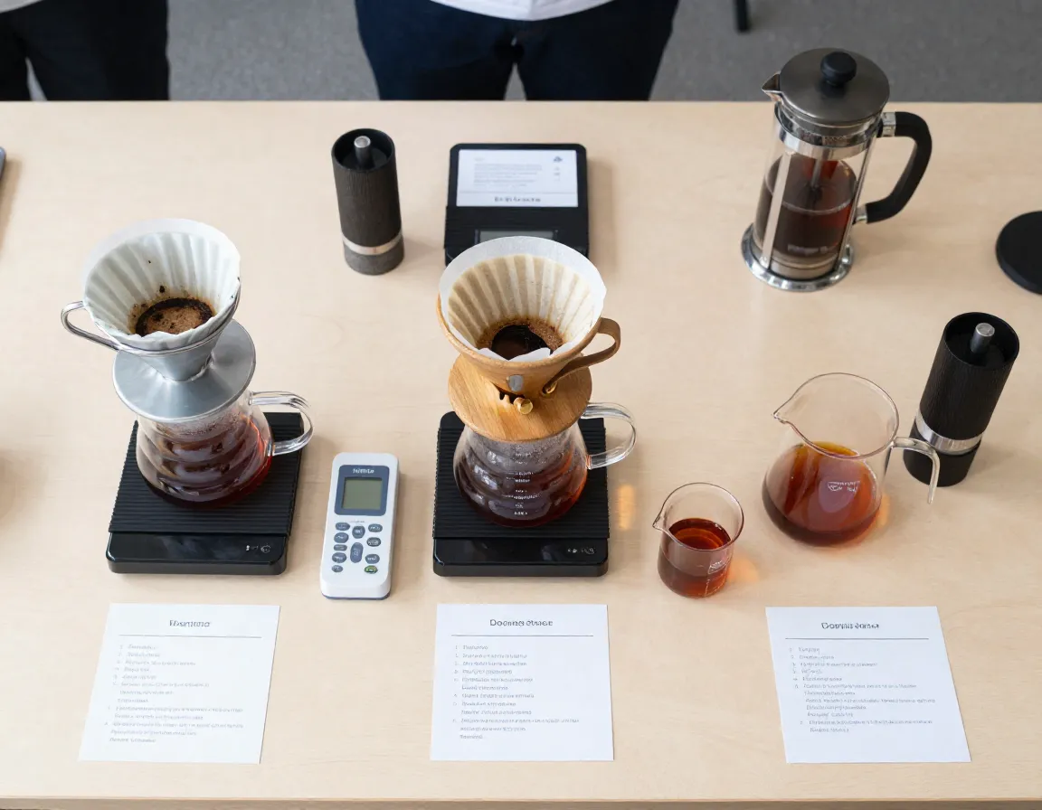 Brewing methods training pour over chemex and refractometer equipment demonstration