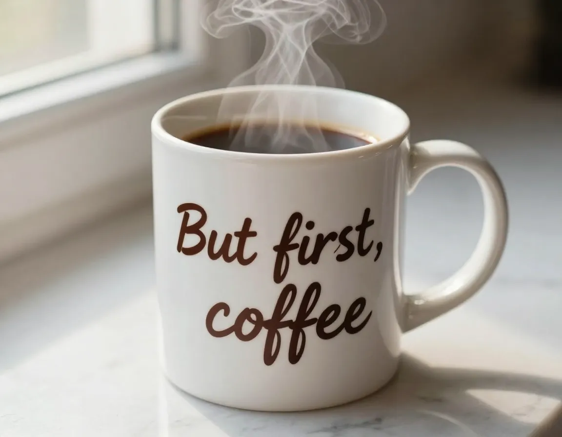 Handwritten coffee quote but first coffee on glazed ceramic mug