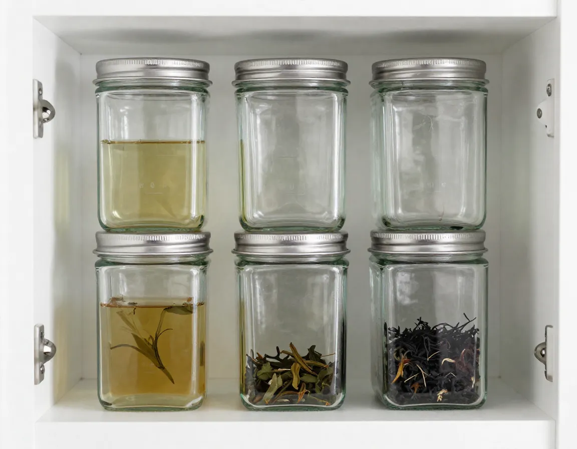 Modular square glass jars stacked neatly in kitchen cabinet