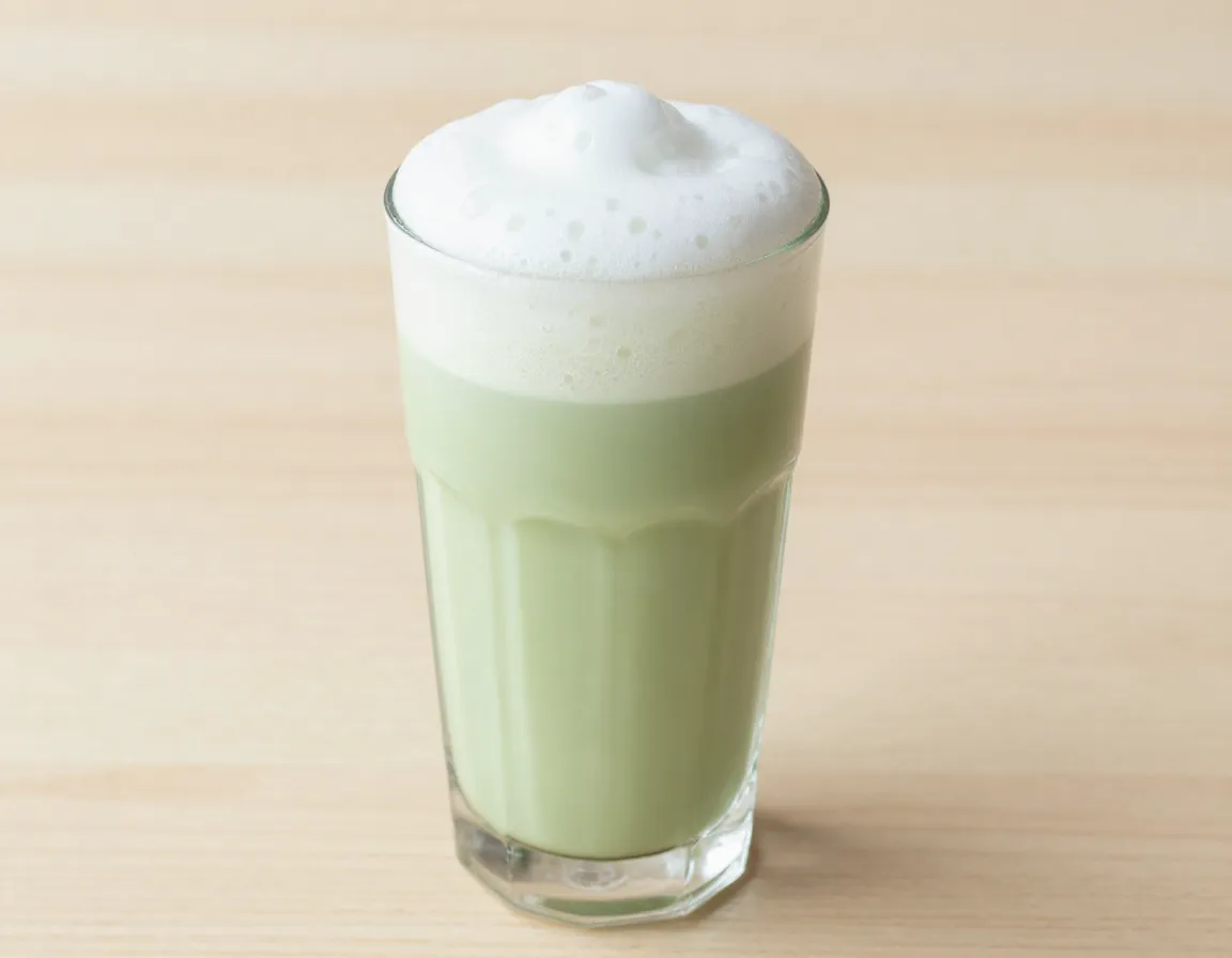 Skim milk light matcha latte in clear glass pale froth