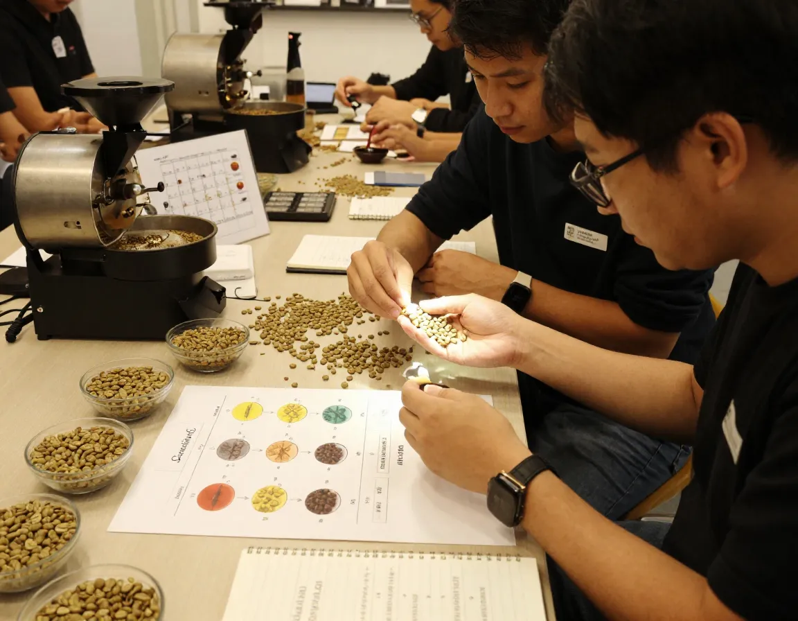 Green coffee evaluation module staff examining coffee beans and processing charts