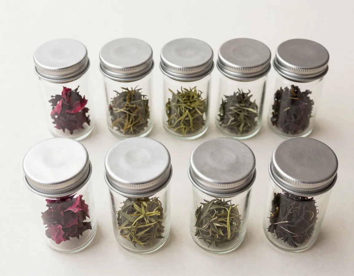 Small glass sample jars arranged as a tea tasting library