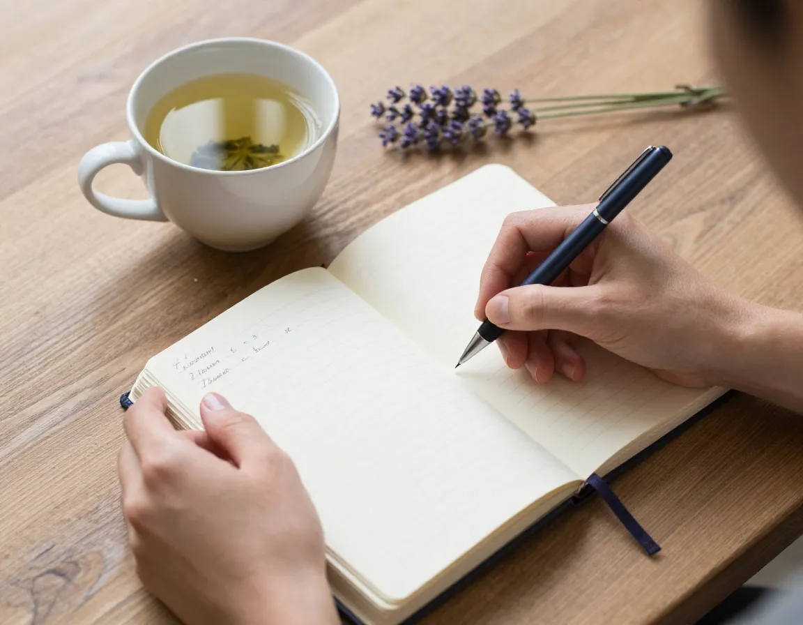 A person journaling their mood with a supportive cup of herbal tea