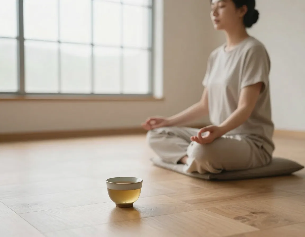 A person in a serene meditation pose with a teacup nearby