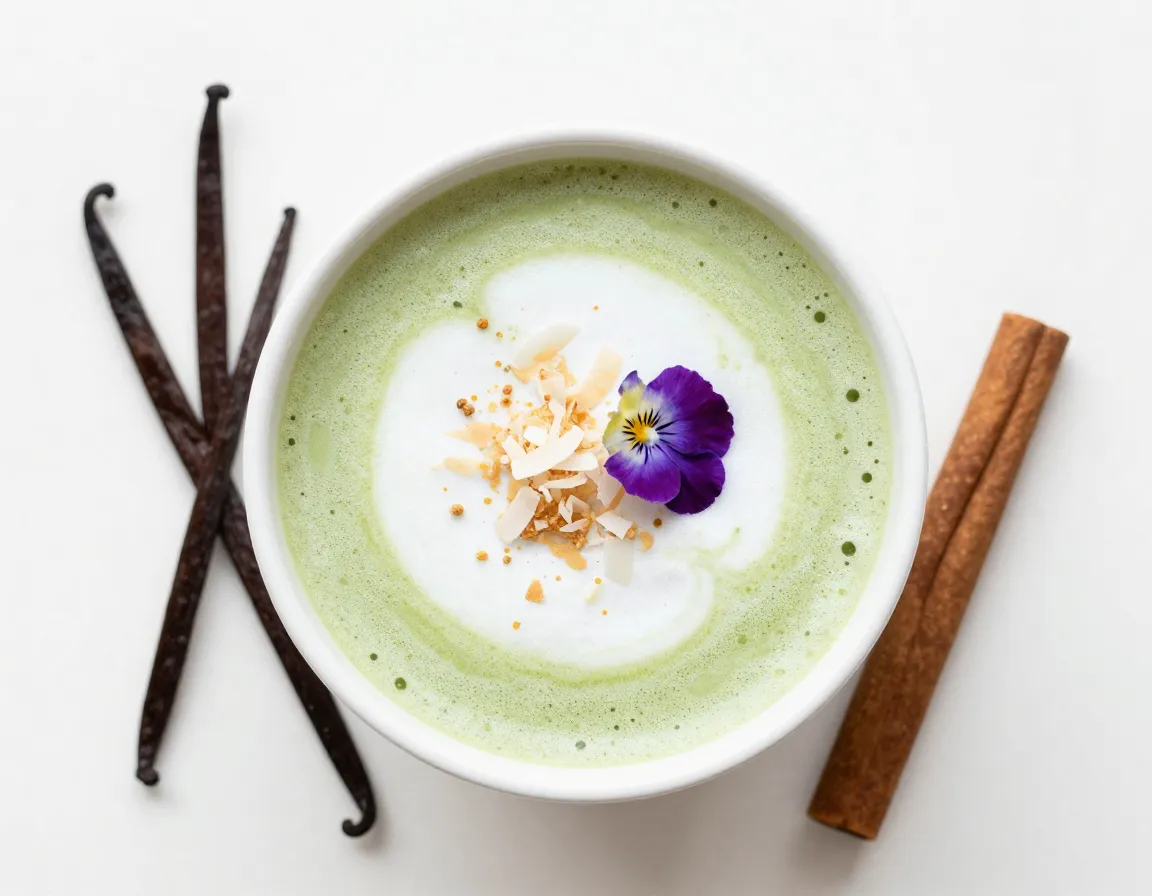 Coconut milk tropical dessert style matcha latte with garnish