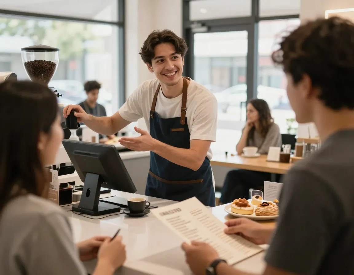 Customer service excellence training barista and customer roleplaying scenario