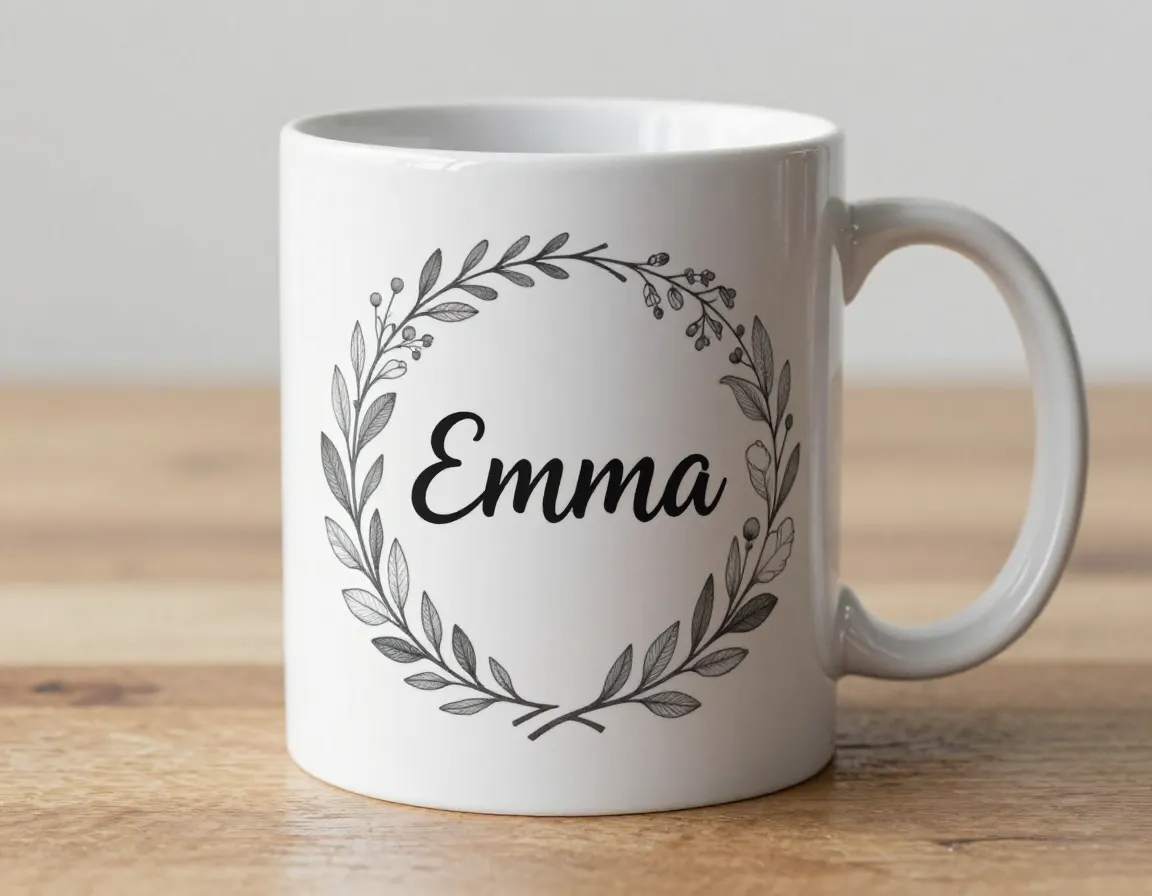 Personalized mug with custom name emma integrated into floral design
