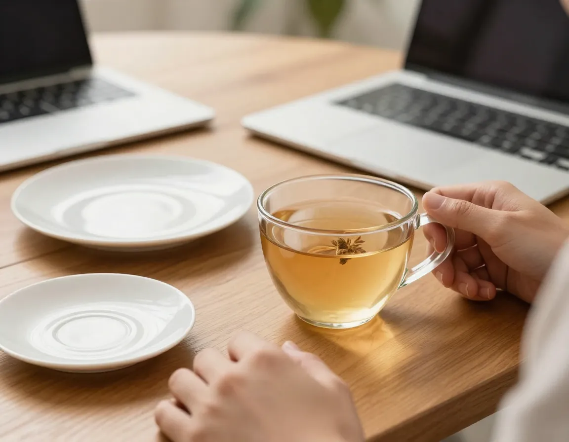 A soothing cup of tea on a desk after a meal during a work break