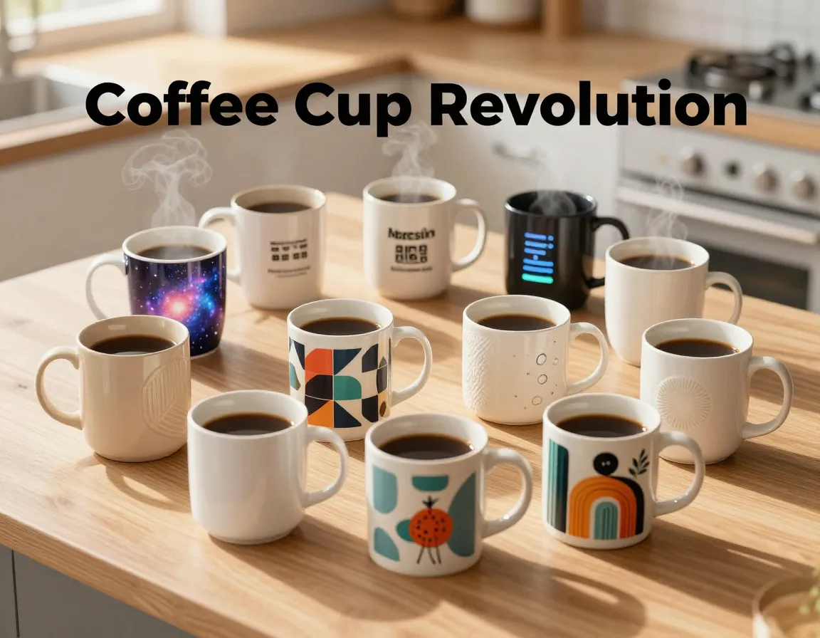 Eight innovative coffee mug designs flat lay morning light