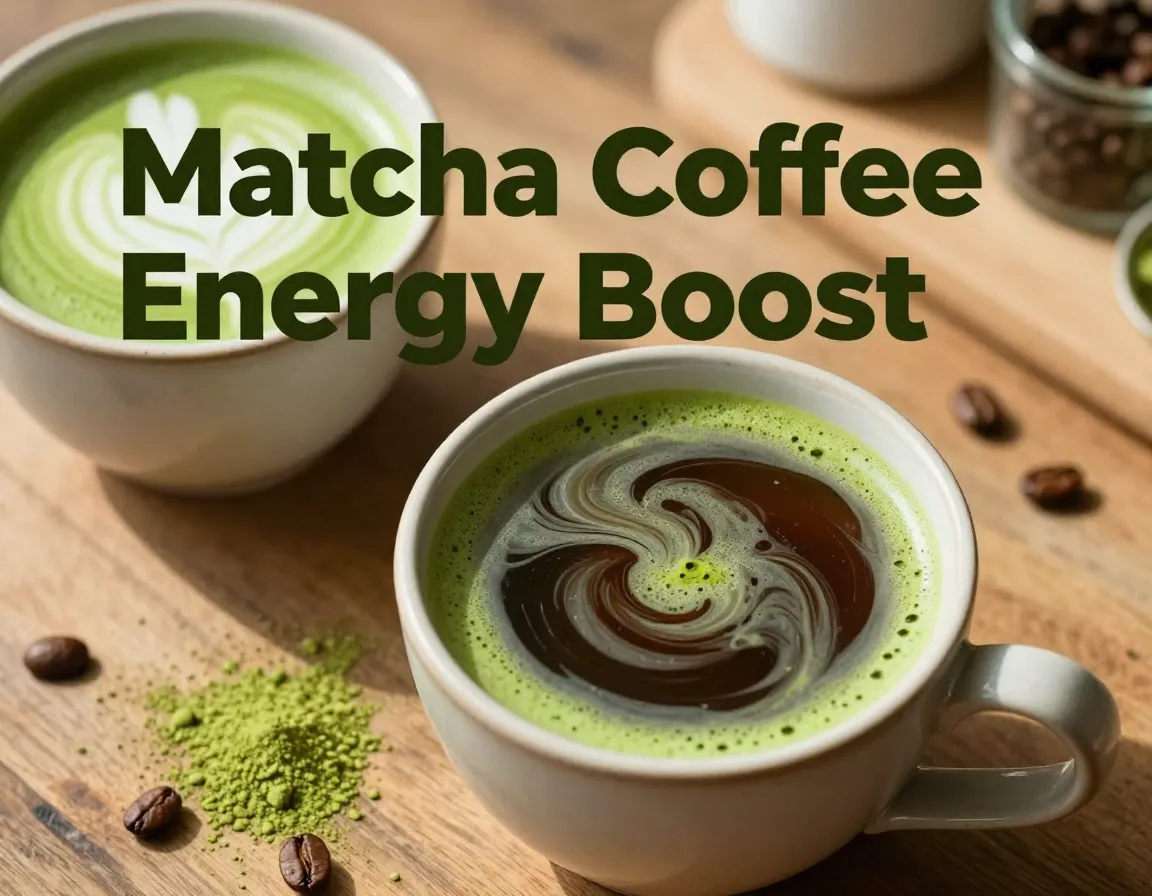 Matcha coffee latte swirl sunlit wooden table close up