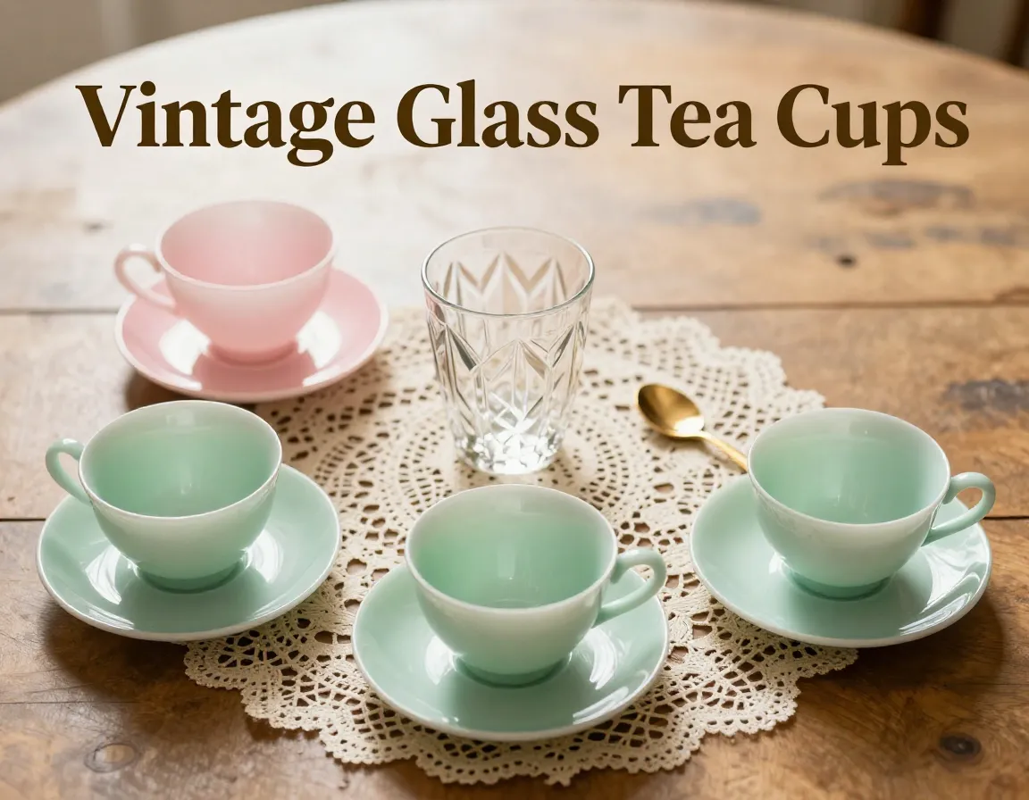 Vintage depression glass teacups flatlay jadeite pink clear