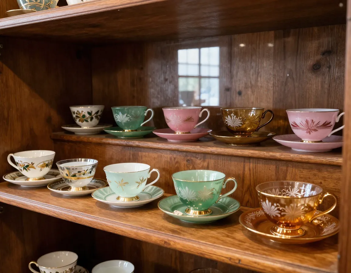 Antique store interior displaying vintage depression glass teacups