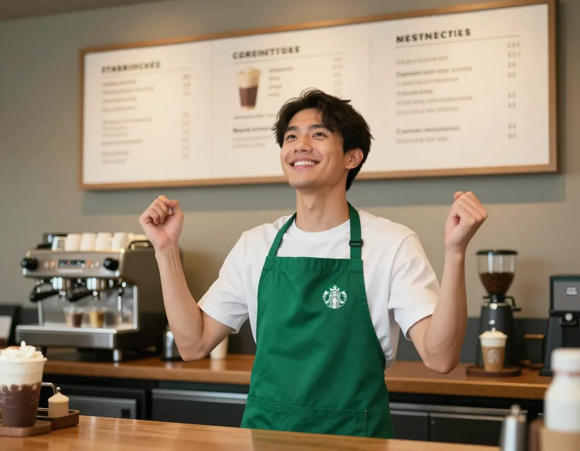Barista smiling celebrating simplified menu purge of thirteen drinks