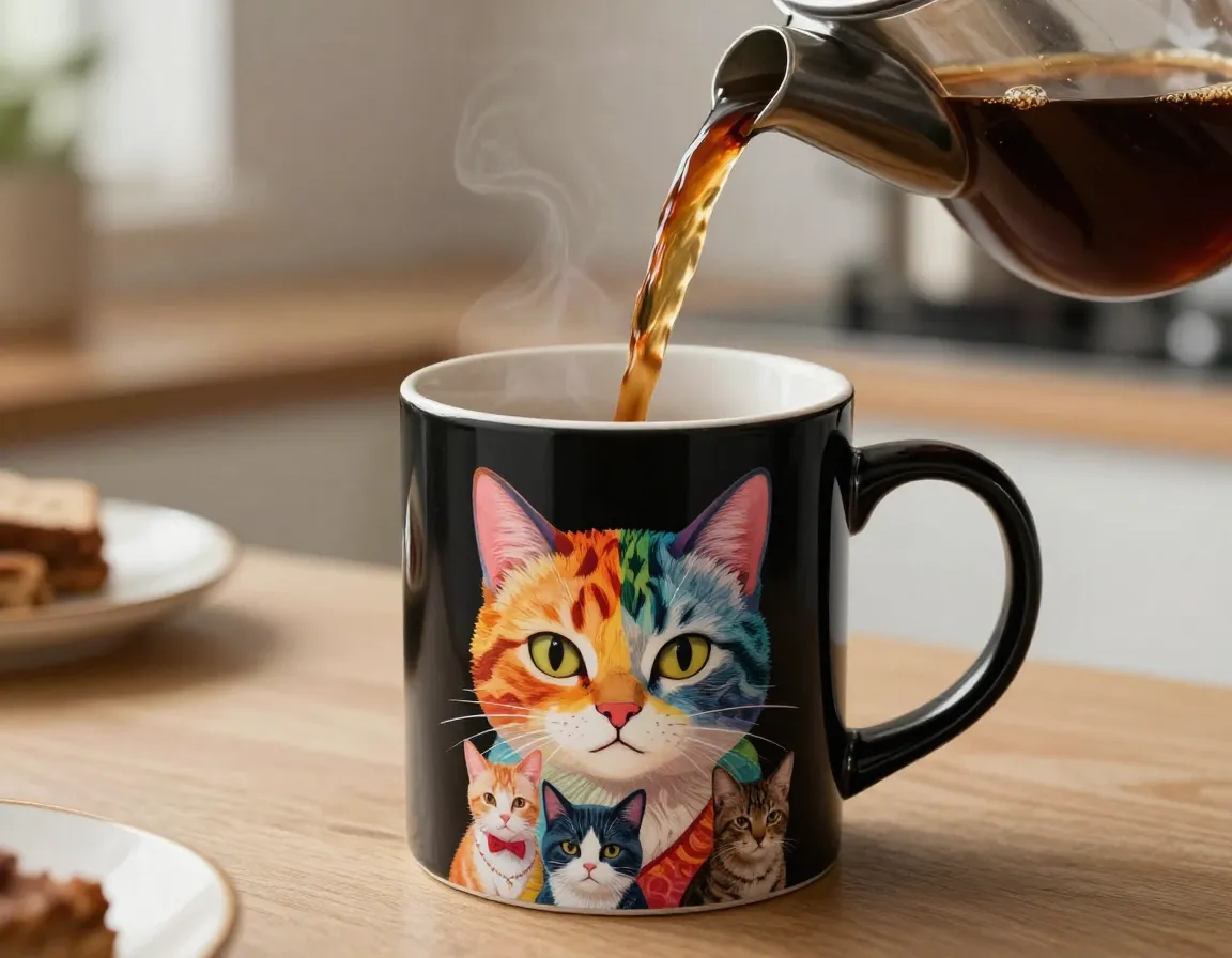 Black mug transforming into vibrant cat collage mug