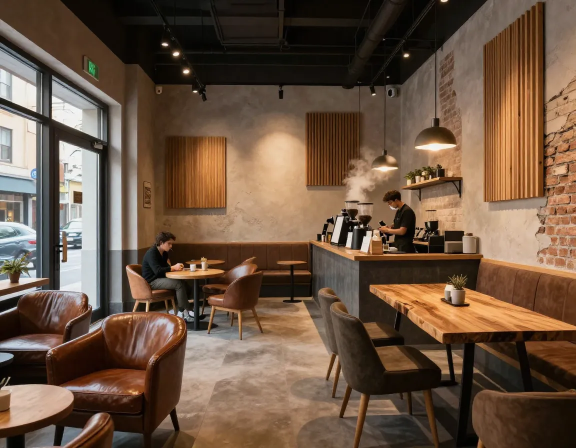 Coffee shop with varied lighting acoustic textures aromas and seating zones