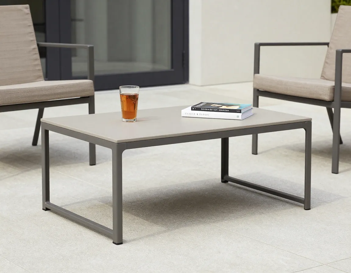 Contemporary crate and barrel walker metal outdoor coffee table on patio