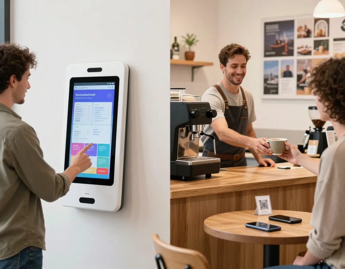 Customer using digital kiosk while barista prepares drink at traditional counter