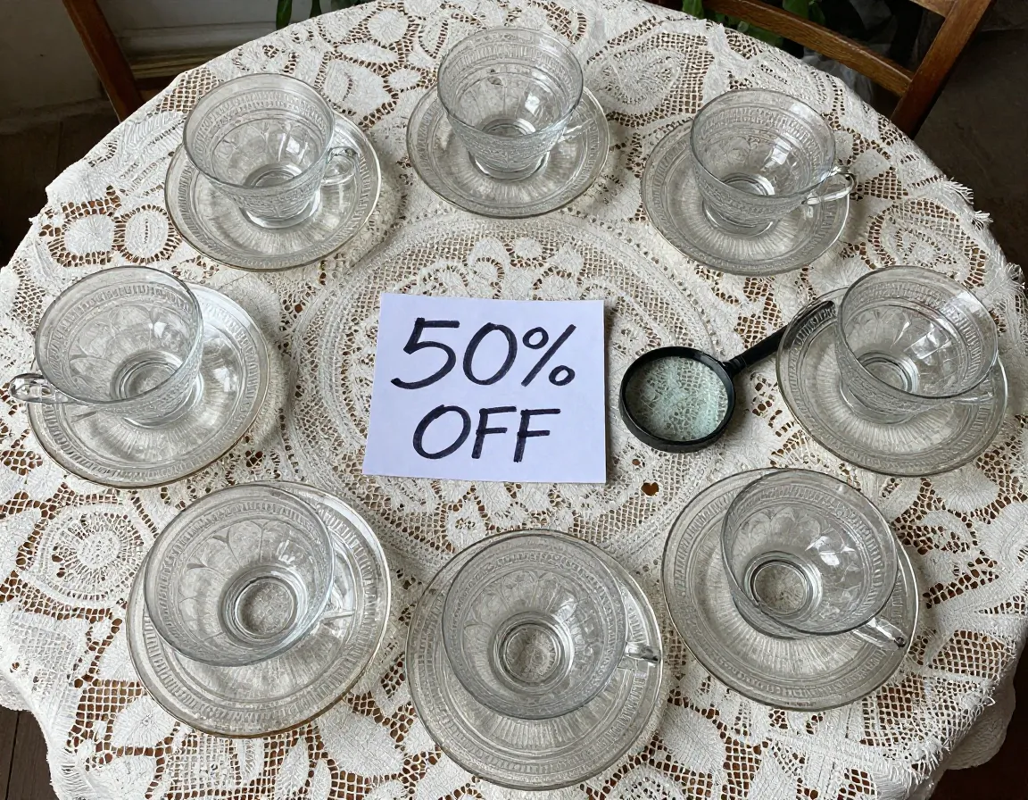 Estate sale table featuring complete vintage glass teacup set