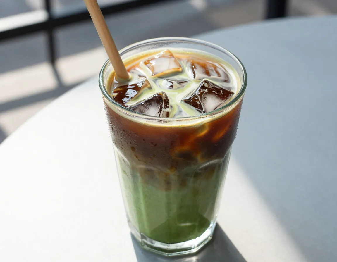 Tall glass of iced matcha coffee swirl with ice cubes and straw