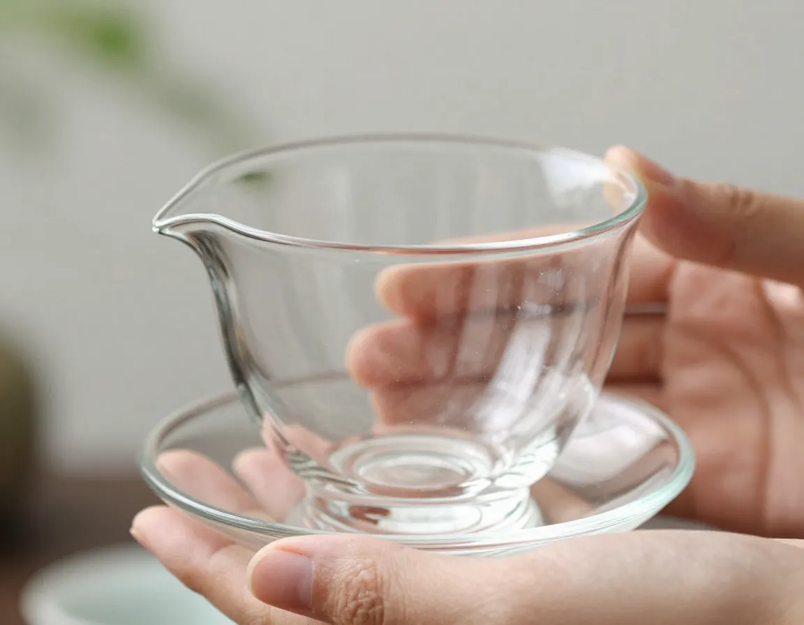 Hand blown artisan glass teacup with organic curves held in hand